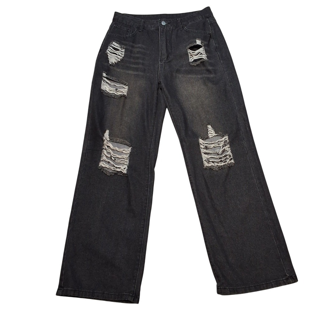 BYOUCOSY Womens Distressed Wide Leg Jeans Faded Black High Rise Ripped Size L - Picture 2 of 5